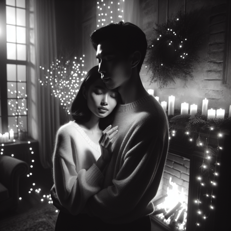 A photograph of a couple cuddled up by the fireplace, surrounded by dim Christmas lights, capturing the intimate and sensual ambiance of the holiday season.