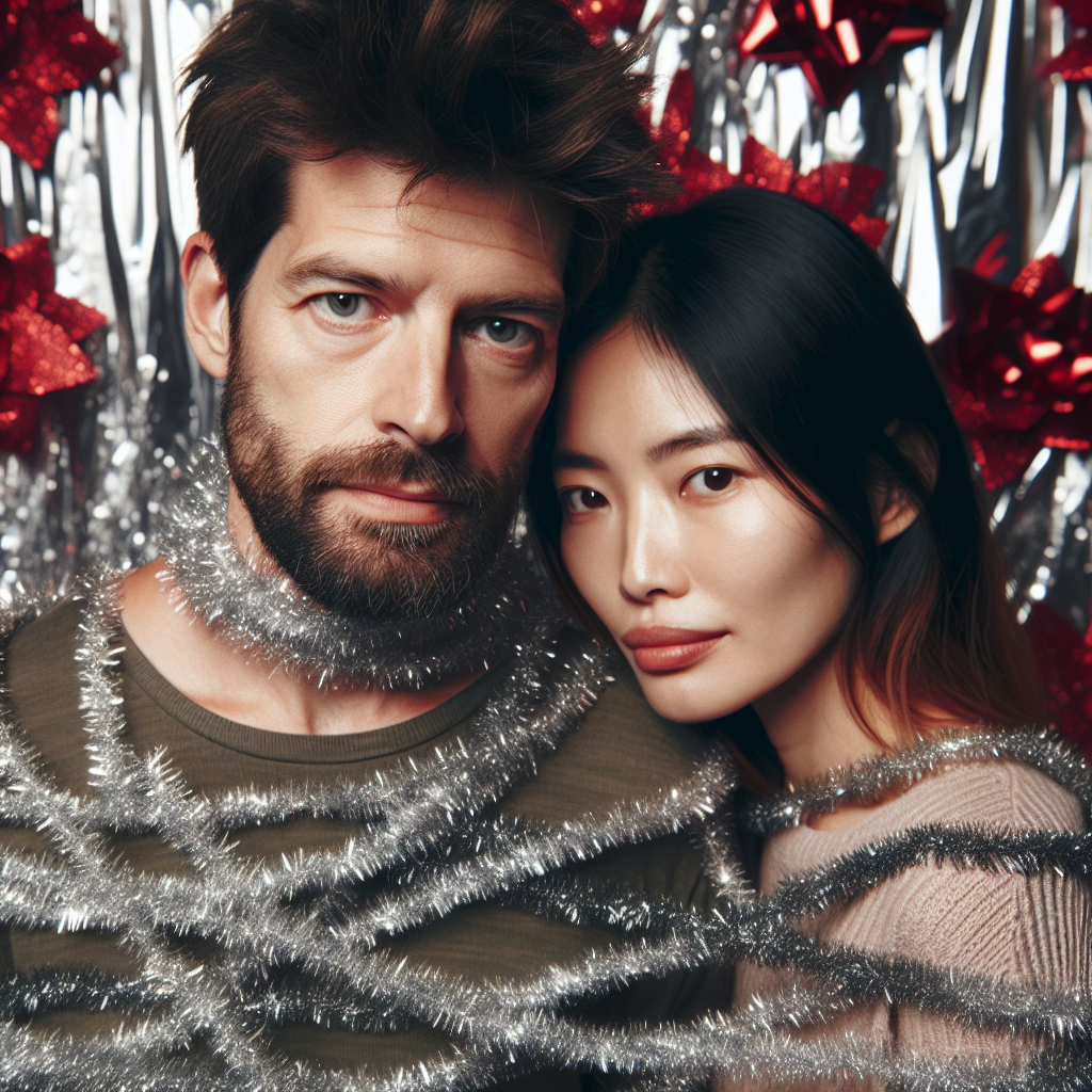 A candid photograph of a couple, wrapped in tinsel, hiding their relationship issues during the holiday season.