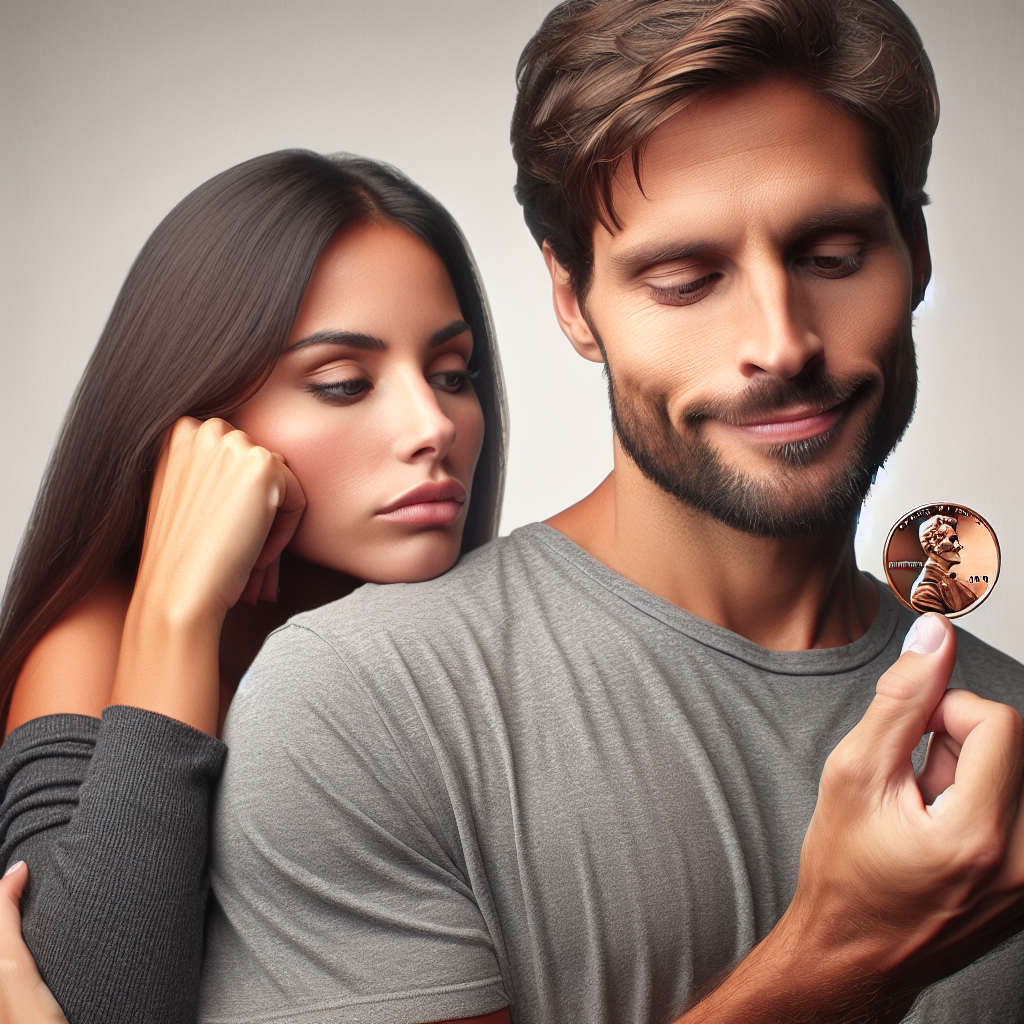 A photograph of a couple embracing, while one person holds a penny and the other person seems distant, perfectly captures the toxic trend of penny dating.