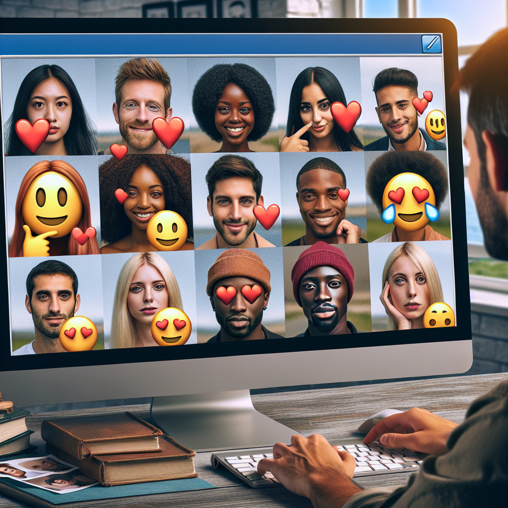 "Capture a photograph of a diverse group of young adults using emojis to express their individuality and explore new experiences in the world of online dating."