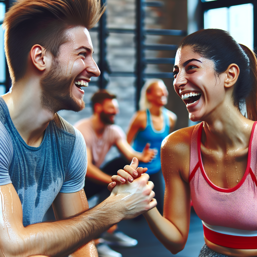 A photograph of two people chatting and laughing during a group fitness class, showcasing the potential for meaningful connections and lasting relationships in unexpected settings.