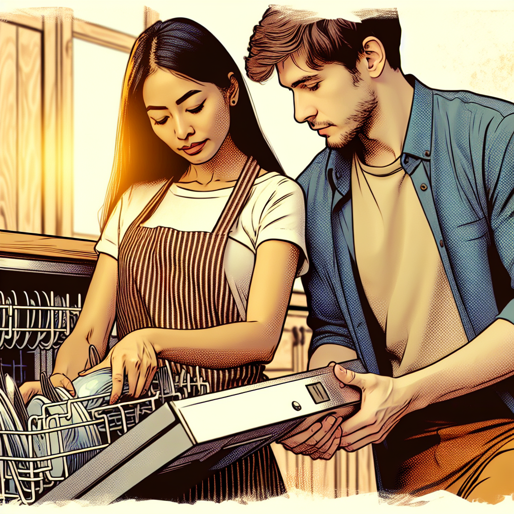 A photograph of a couple working together to properly load the dishwasher highlights the importance of equitable household chores for maintaining a harmonious relationship.