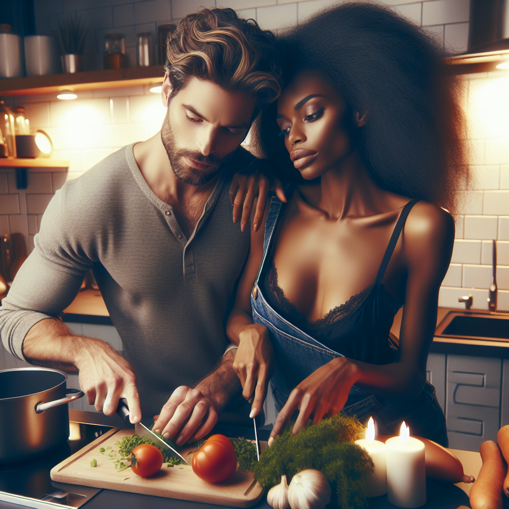"A captivating photograph of a couple cooking together, showcasing the intimate and seductive nature of sharing culinary experiences."