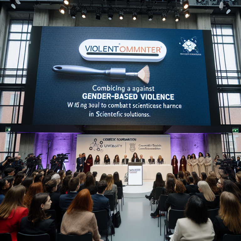 A photography of the Violentometer tool unveiling at the L'Oréal Foundation and the University of Geneva highlights the importance of addressing gender-based violence in scientific environments.