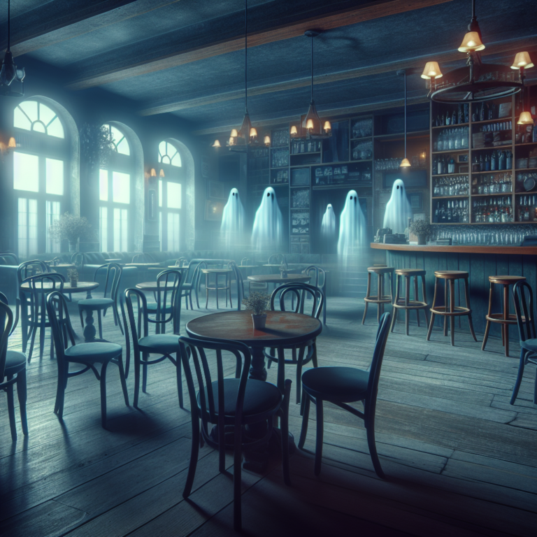 An eerie photography of a deserted café, filled with empty chairs and tables, portraying the lingering ghosting effect of a polter-ghosting encounter.