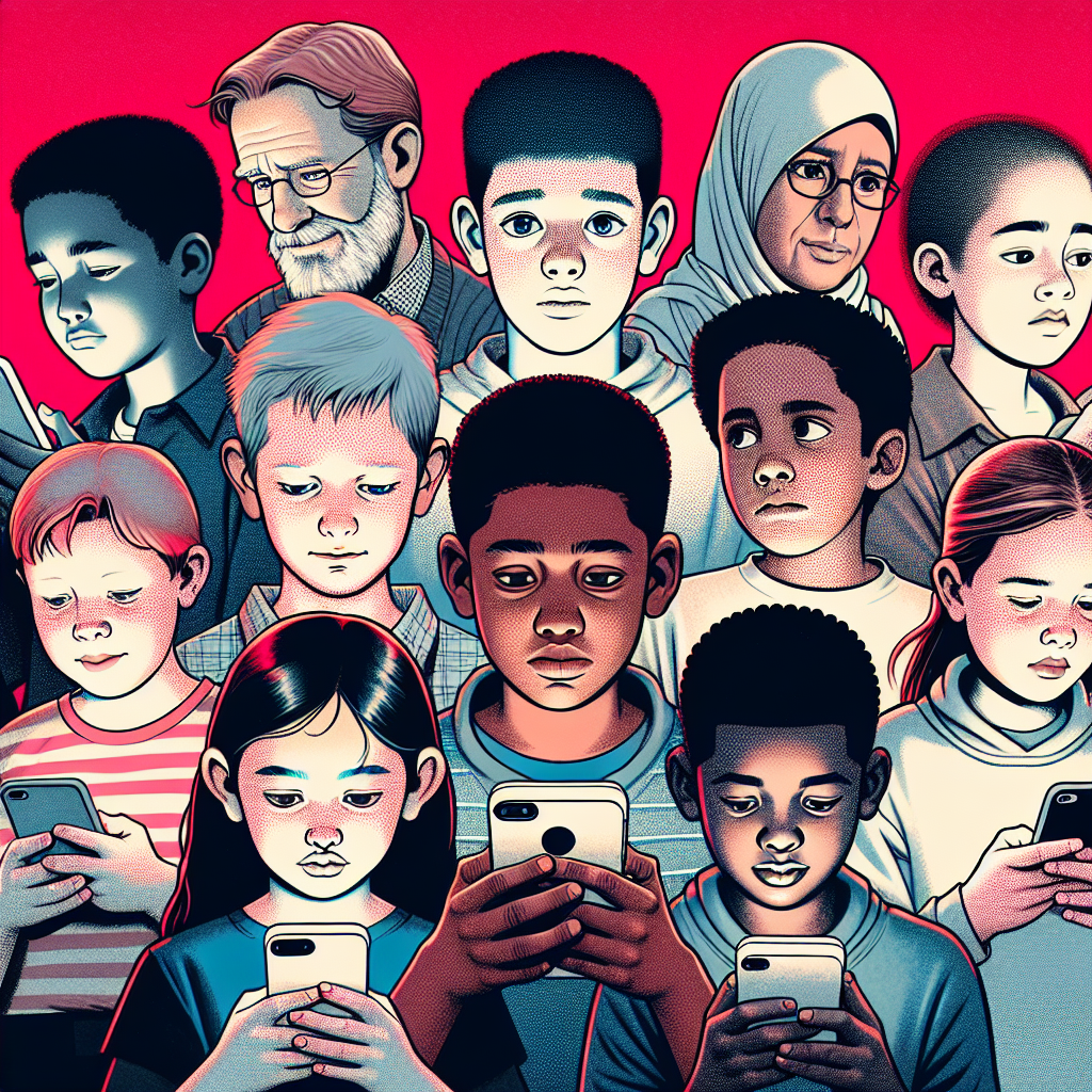 "An illustration of 11-year-old children using dating apps on their smartphones, with a focus on the potential risks and concerns such as online predators, while highlighting their need for connection and understanding."