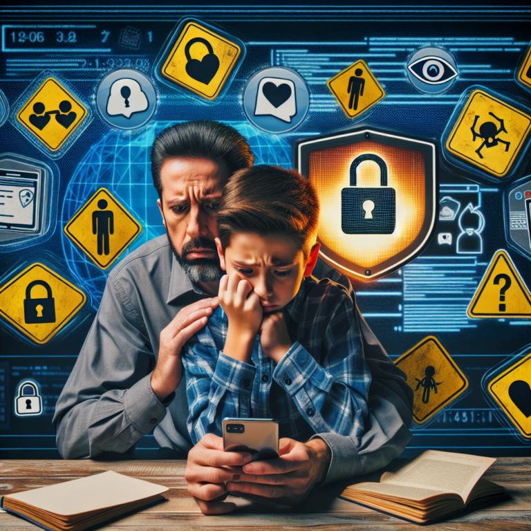 "An photography of a concerned parent observing a child using a dating app on a smartphone, surrounded by cautionary icons and symbols representing online safety."