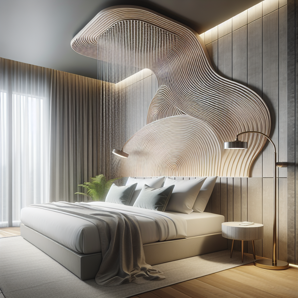 "an photography of a modern bedroom featuring the Wave showerhead from Womanizer, seamlessly blending innovative design and discreet functionality"