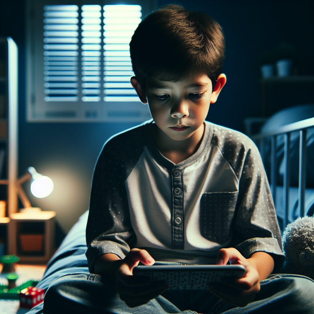 "A photography of an 11-year-old child sitting alone in their bedroom, looking at a dating app on their smartphone, surrounded by a dimly lit, cozy environment with a hint of concern on their face."