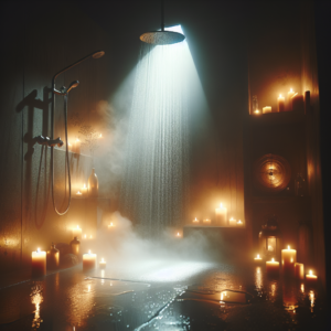 "An artistic photograph of a steamy shower with intimate mood lighting, featuring a relaxing atmosphere with candles and soft water jets."