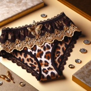 "an photography of a leopard print menstrual underwear with a sleek design, featuring intricate lace and gold trim, against a stylish background."