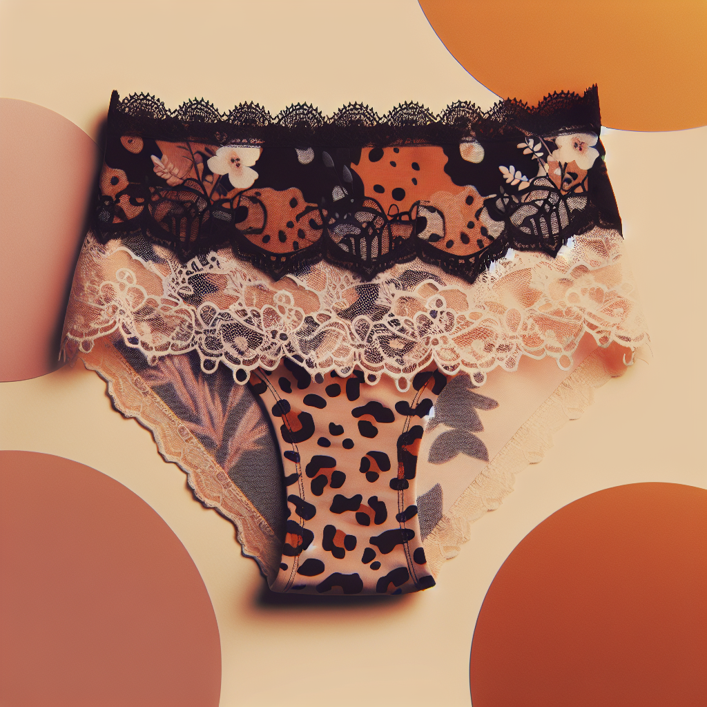 An photography of a stylish high-waisted leopard print menstrual panty with lace trim, showcasing inclusivity with different size options from S to 4XL.