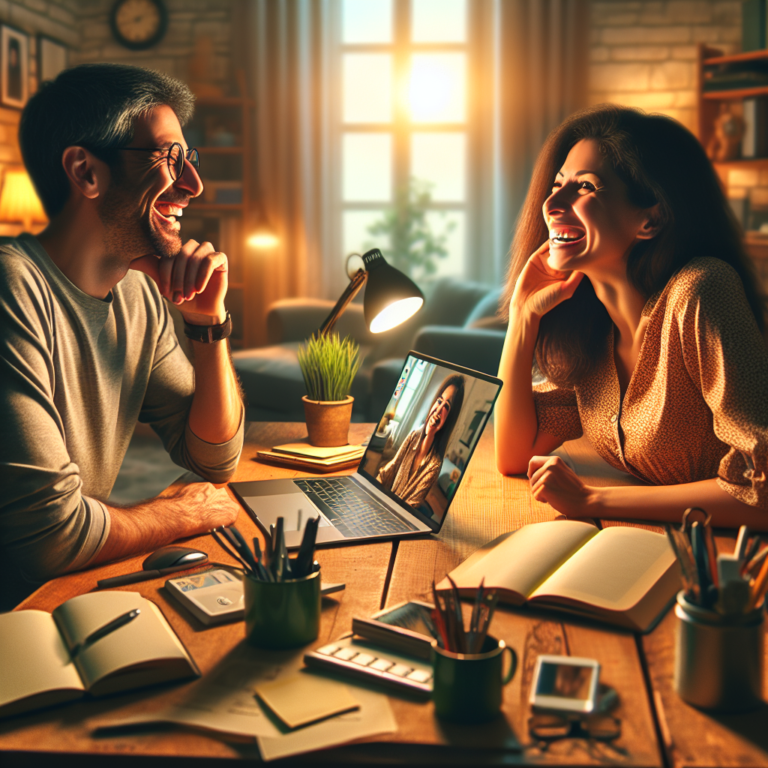An photography of a happy couple communicating via video call, with one partner sitting at a cozy home desk and the other in a different, warmly lit room.