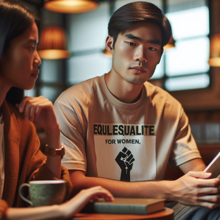 An photography of a couple sitting in a cozy café, engaging in a deep and respectful conversation about politics, with one partner wearing a feminist t-shirt and the other holding a book on environmental protection.