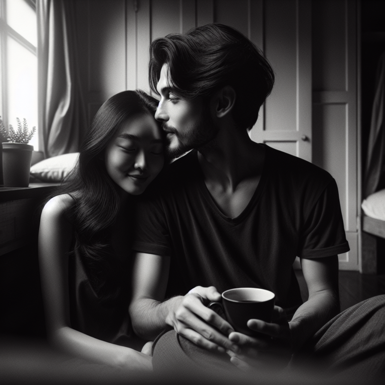 "An intimate, black-and-white photography session at home between a loving couple, capturing sensual and tender moments."