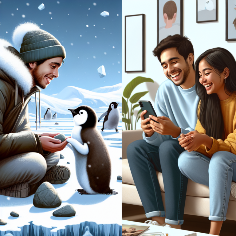 "An illustration of pebbling: a couple of penguins exchanging pebbles, paralleled by a modern couple exchanging memes on their smartphones."