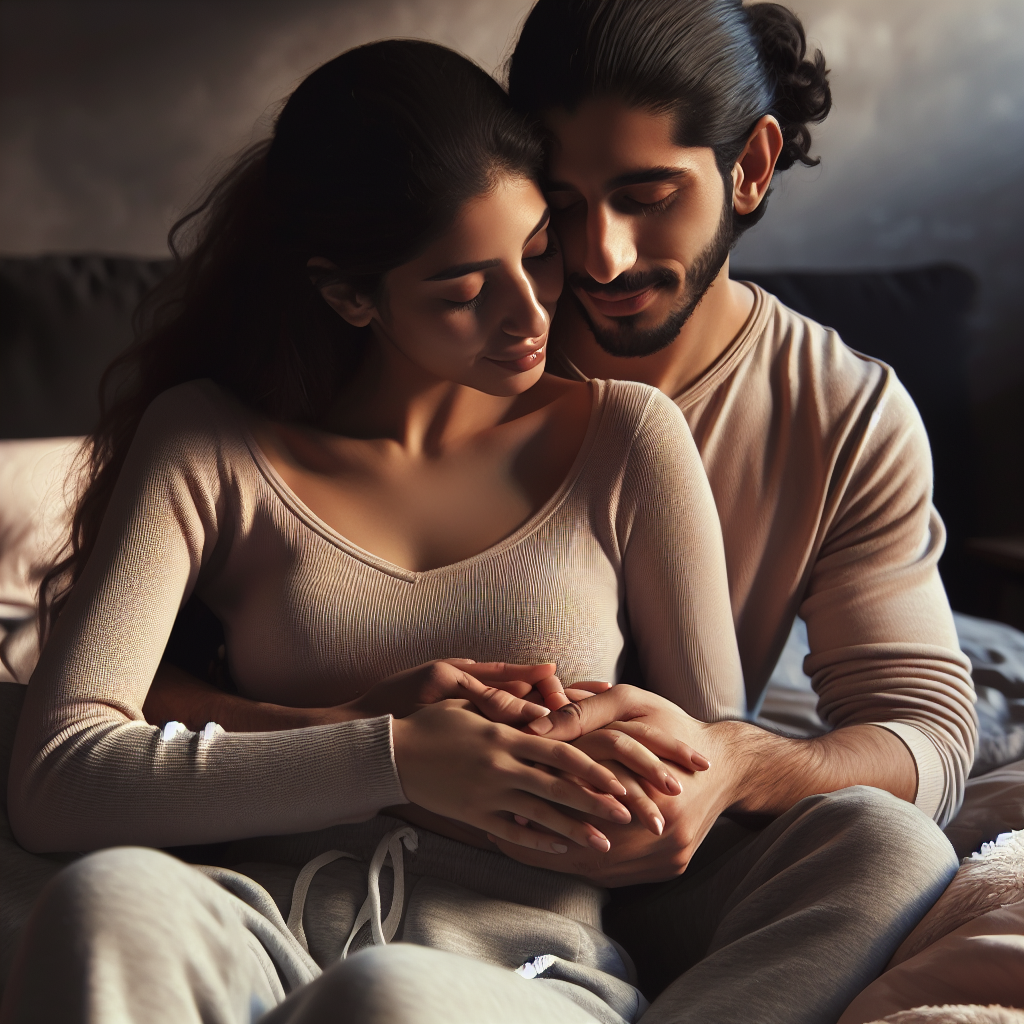 "An intimate photograph of a couple engaged in after care, sharing tender moments such as cuddling and holding hands on a bed."