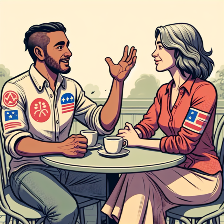 "An photography of a couple having a delicate conversation at a café, highlighting their differing political opinions with visible symbols or clothing representing opposing views."