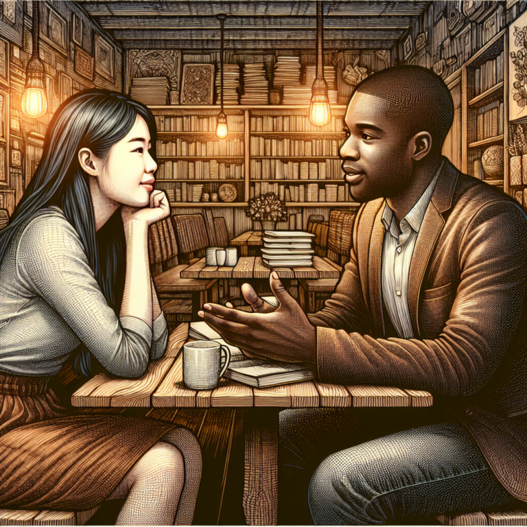 A photography of a couple sitting in a cozy cafe, having a lively yet respectful conversation about politics, with expressions of curiosity and understanding.