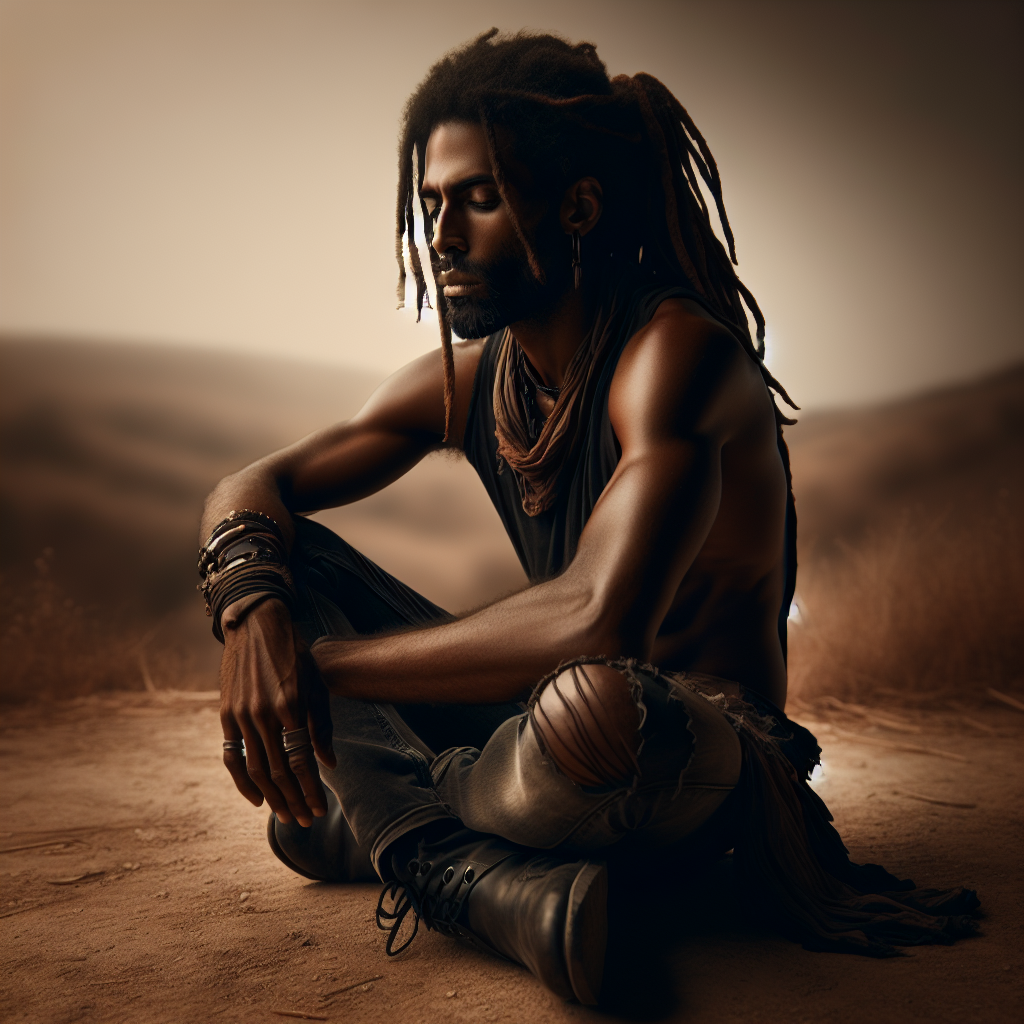 An artistic photograph of a contemplative Lenny Kravitz, sitting alone in a serene setting, symbolizing his spiritual quest and choice for abstinence.