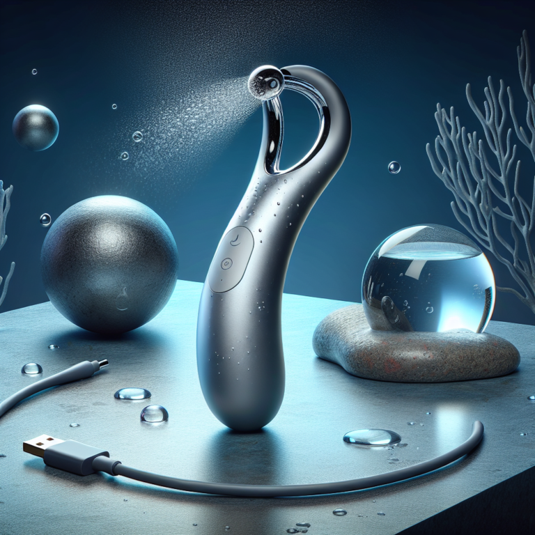 An photography of a sleek, ergonomic Womanizer Blend sex toy with a flexible, curved internal branch and external suction head, displayed in a modern bathroom setting with water droplets to highlight its waterproof feature and a magnetic USB charging cable next to it.