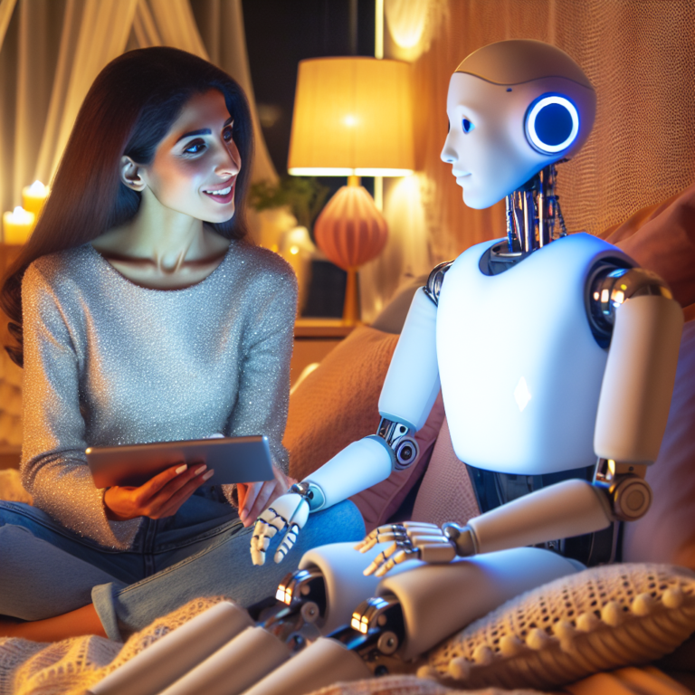 A photography of a woman holding a conversation with a charming, humanoid male robot in a cozy, warmly lit bedroom.
