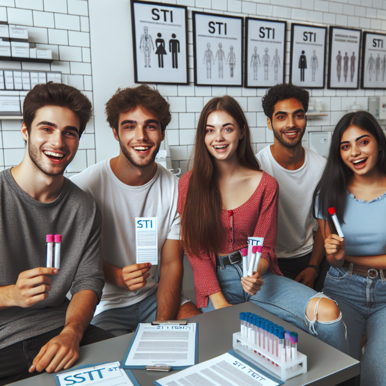 An photography of a diverse group of young adults at a modern medical laboratory, cheerfully holding test tubes and informational pamphlets about STI testing.