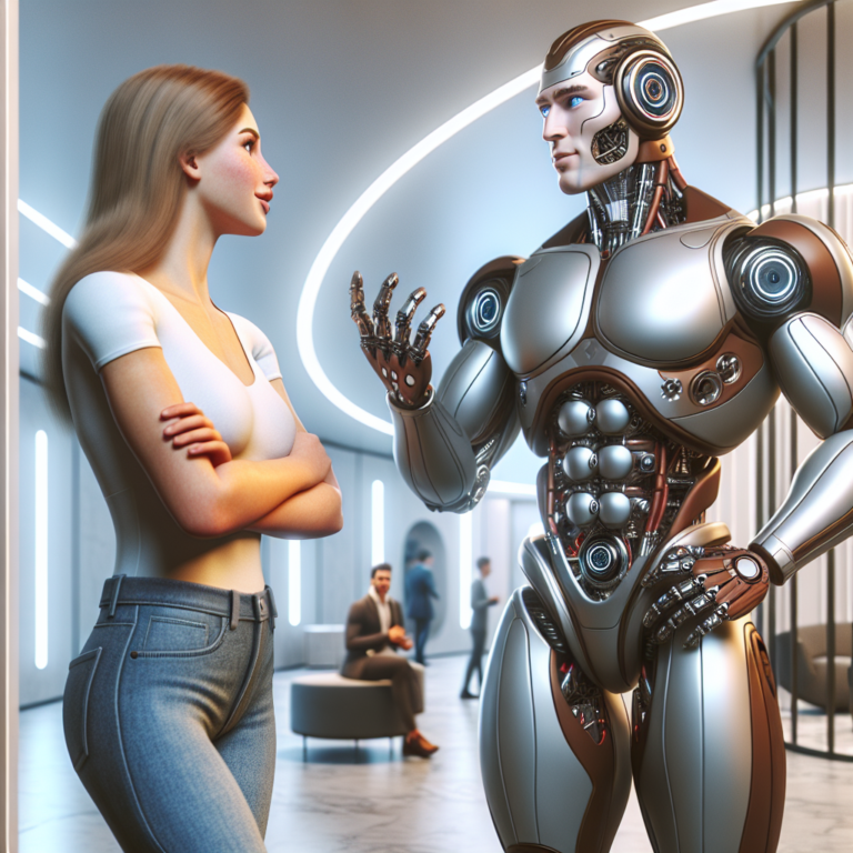 "An photography of a realistic male robot with a muscular build and handsome features, engaging in a lighthearted conversation with a woman in a modern, well-lit room."