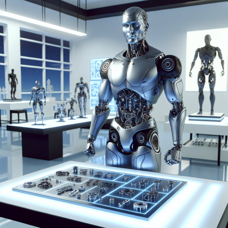 **An photography of a sleek, futuristic male robot with a charming smile, standing beside a range of customizable mechanical parts on a table, in a well-lit modern showroom.**
