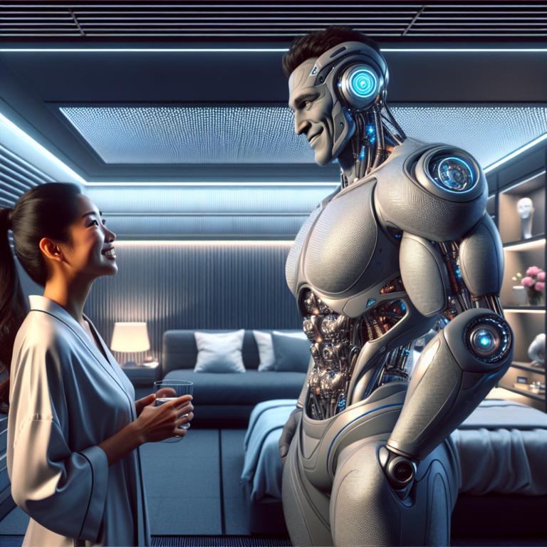 A photography of a tall, handsome robot with a muscular build and a charming smile, engaging in conversation with a woman, set in a modern, futuristic bedroom.