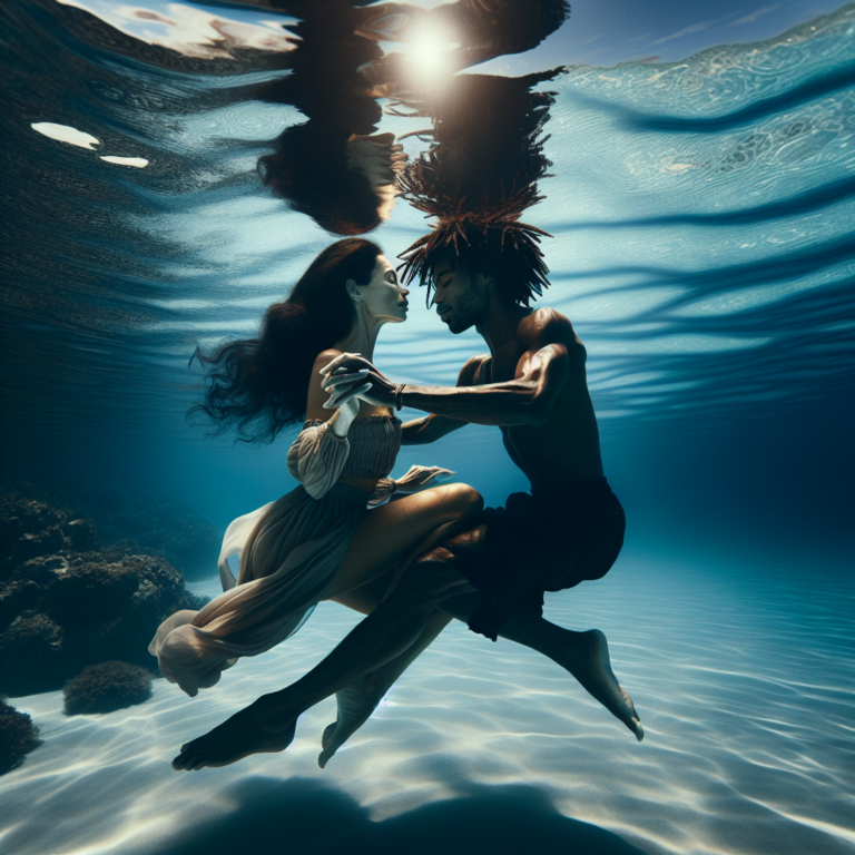 "An underwater photography of a couple sharing a romantic moment in a serene, clear ocean, embodying both the beauty and intimacy of making love in water."