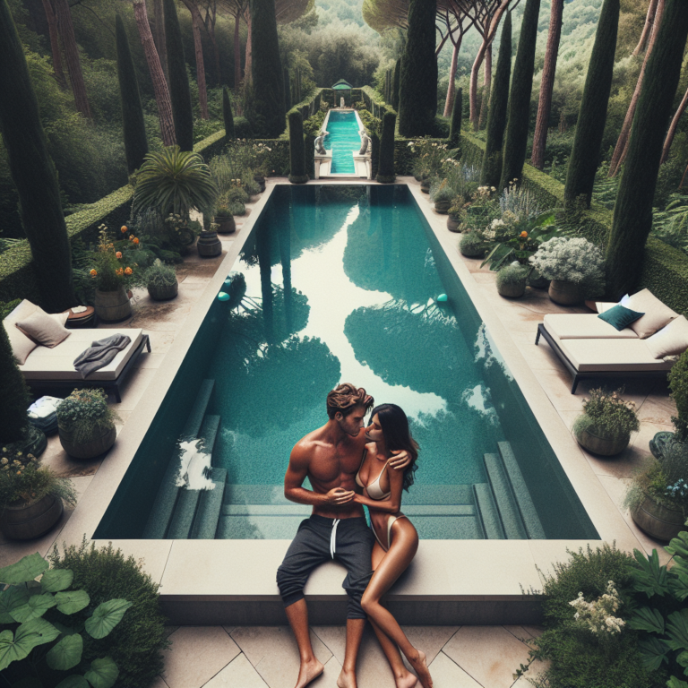 "An aerial photography of a couple safely enjoying intimate moments in a private, luxurious outdoor pool surrounded by nature."