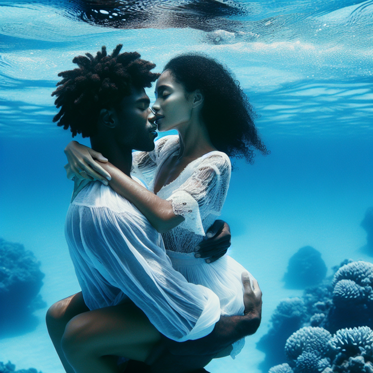 An underwater photography of a couple embracing passionately in a clear blue sea, surrounded by gentle waves, to symbolize intimacy and romance.