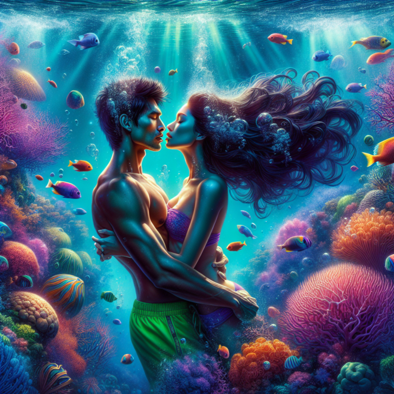 "An underwater photograph of a couple embracing romantically amidst vibrant aquatic scenery."