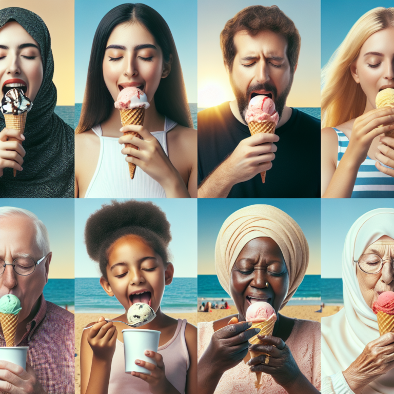 an photography of a diverse group of people enjoying ice cream cones and cups on a sunny beach, showcasing different eating styles and preferences