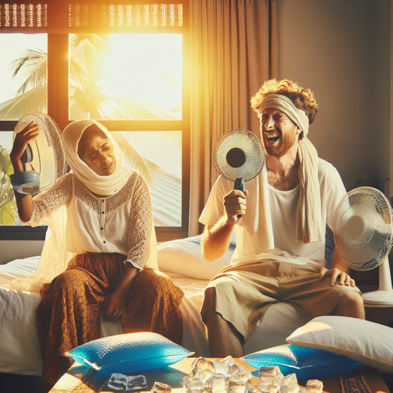 A photography of a couple trying to stay cool during a heatwave, with fans and ice packs in a bedroom setting.