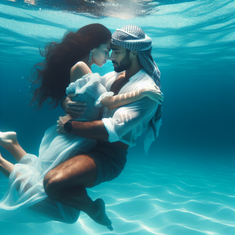 "An underwater photograph of a couple embracing romantically in a clear blue ocean with gentle sunlight filtering through the water."