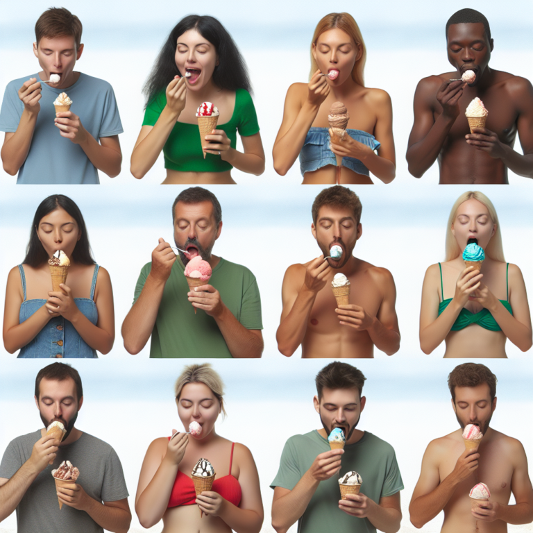 "An photography of a diverse group of people enjoying different types of ice cream (cones, cups) on the beach, each savoring their treat in unique ways."