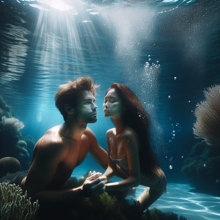 An underwater photography of a couple sharing an intimate moment in a crystal clear ocean, with a focus on the natural beauty and serenity of the water environment.