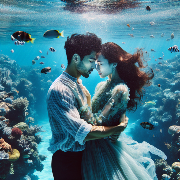 "An underwater photography of a couple romantically embracing in a clear, serene ocean setting."