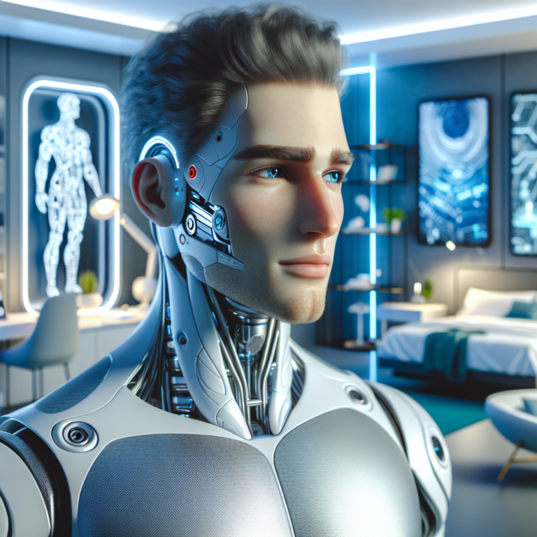 "a photography of a futuristic, life-sized, handsome male robot named Henry with chiseled abs, standing in a modern bedroom setting, engaging in a casual conversation with a woman who looks intrigued."