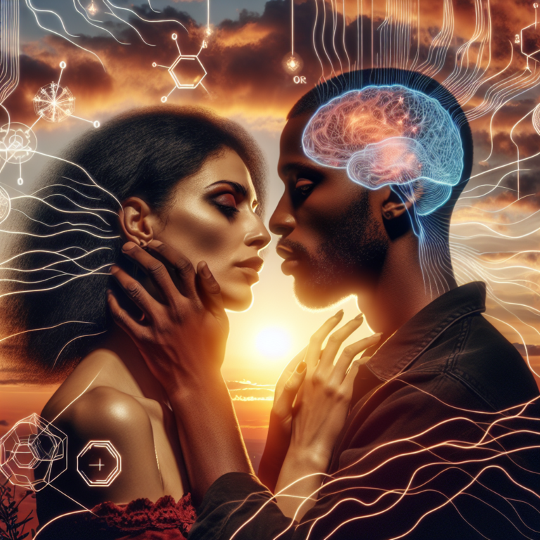 A photography of a couple embracing under a sunset, with neural circuits and chemical symbols subtly overlayed in the background.