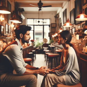 "An photography of a couple having a calm, respectful breakup conversation face-to-face in a cozy café."