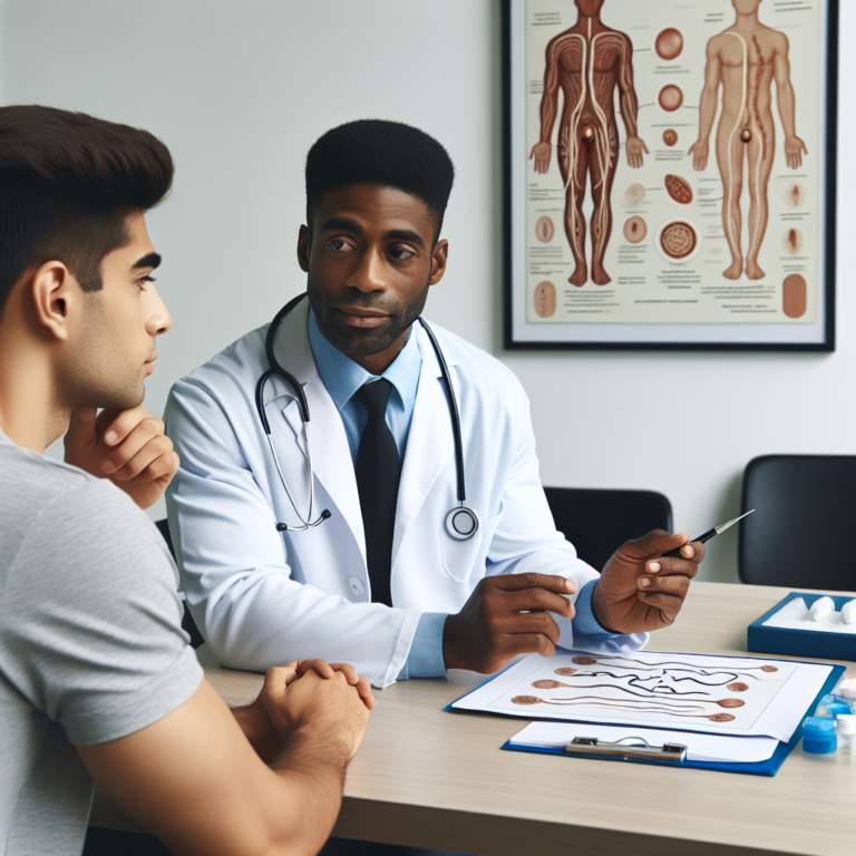 "an photography of a male medical consultation, showing a doctor explaining sperm health to a patient using diagrams and educational materials."