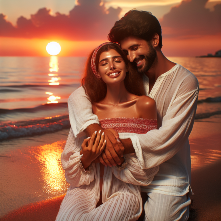 "An photography of a couple enjoying a romantic summer sunset at the beach, symbolizing fleeting summer romances."