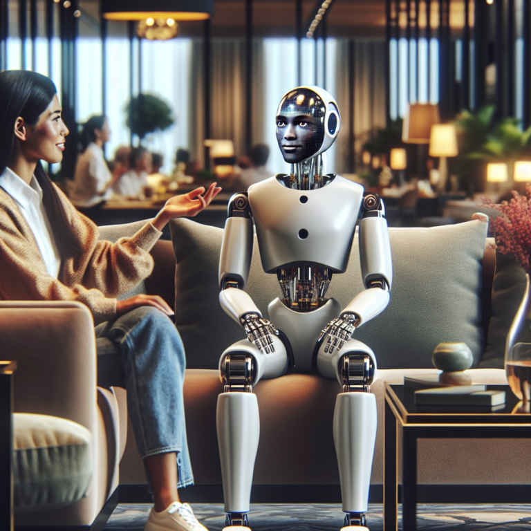 A photography of a realistic humanoid robot with chiseled abs and dark, captivating eyes, sitting on a luxurious couch and engaging in conversation with a woman in a modern living room.