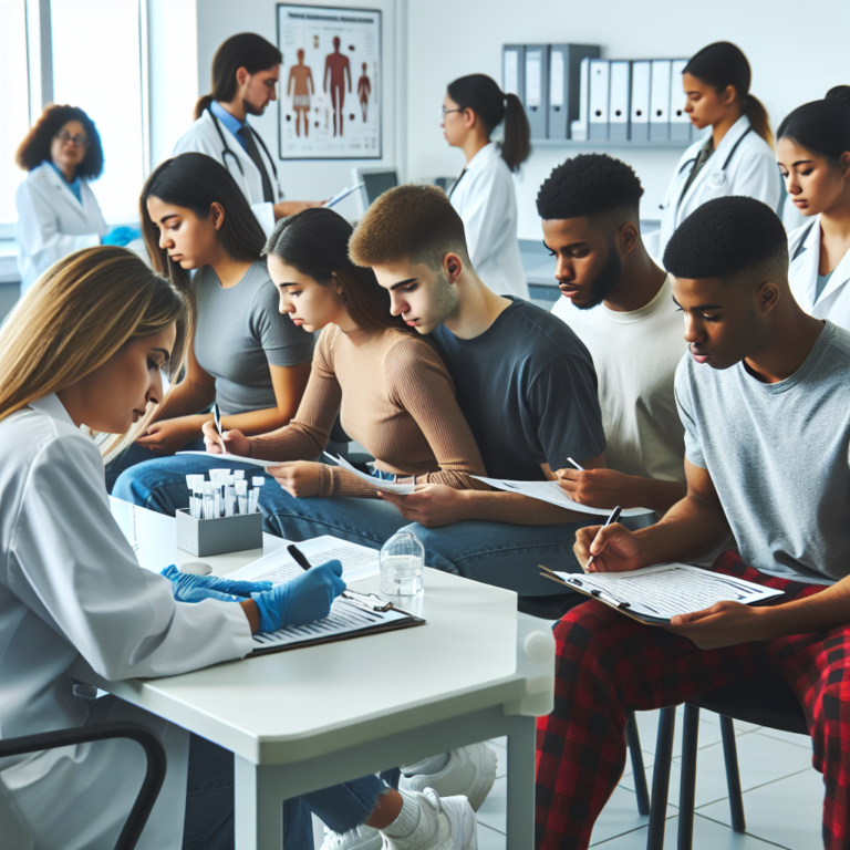 "A photography of young adults at a medical laboratory, filling out a questionnaire for STI testing, highlighting a welcoming and supportive environment."