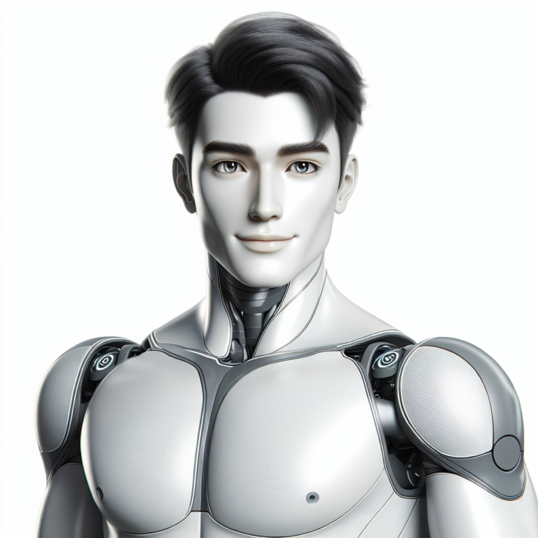 An photography of Henry, the AI-powered male robot with a perfect physique, standing confidently and showcasing his charming smile and muscular build, highlighting his appeal designed for female users.