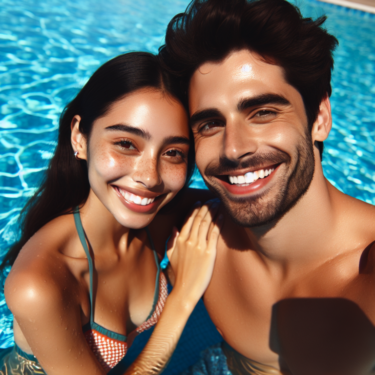 "An photography of a couple engaging in a romantic and playful moment in a clear blue swimming pool, ensuring tasteful and respectful depiction."