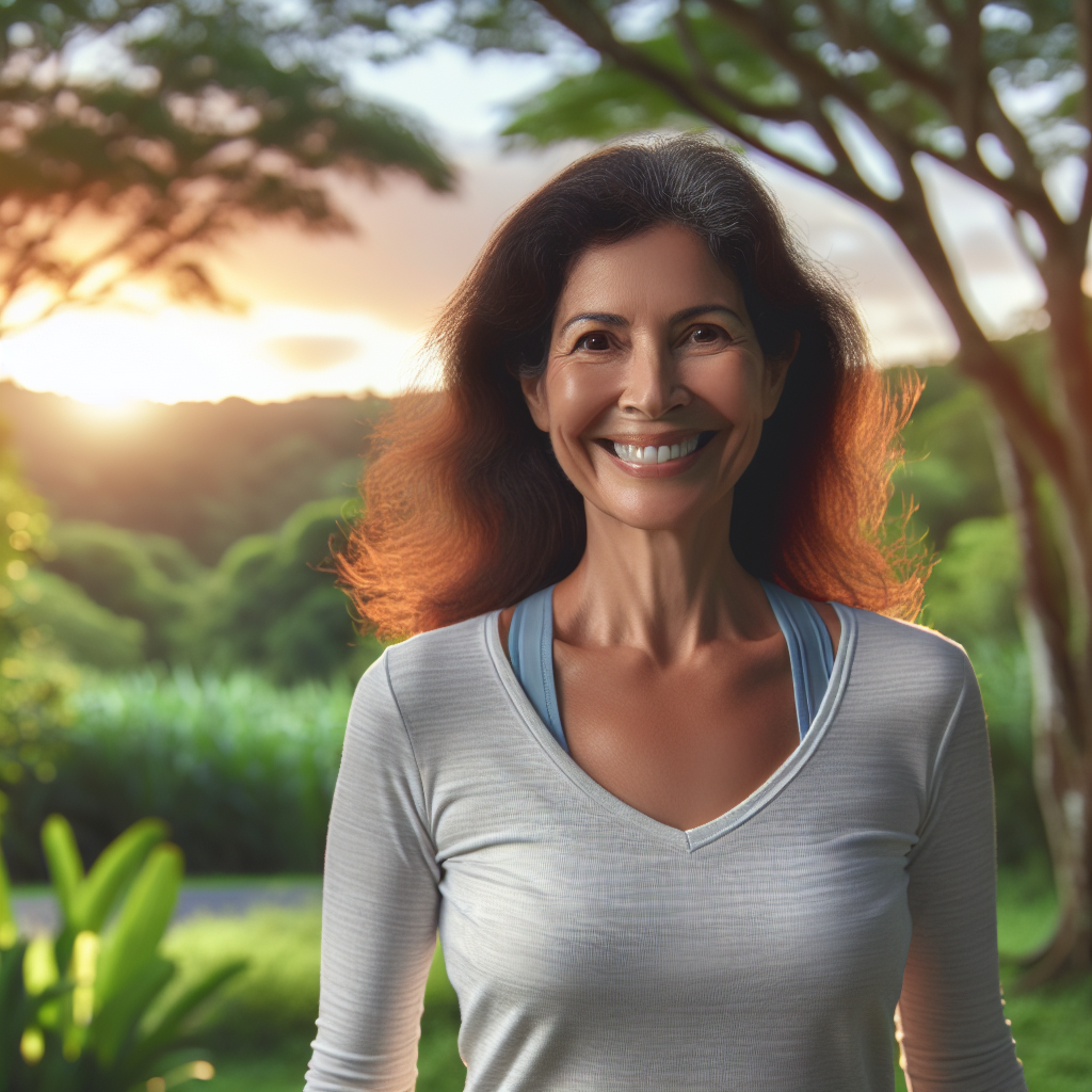 "An photography of a happy, healthy middle-aged woman engaged in light physical activity, exuding vitality and well-being, with a serene, natural outdoor background."